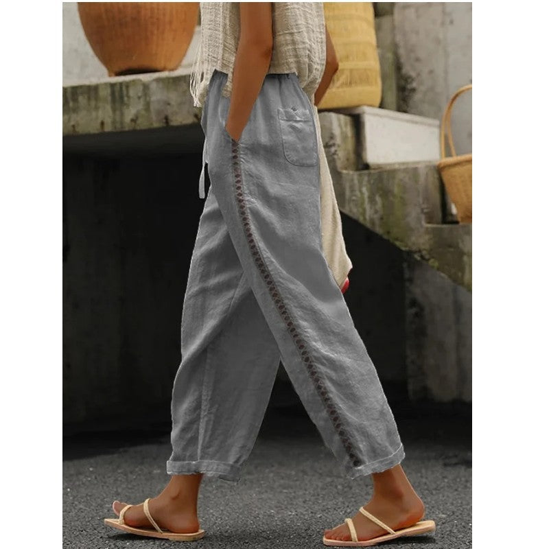 Damen Leichte Leinenhose mit seitlicher Knopfdetail