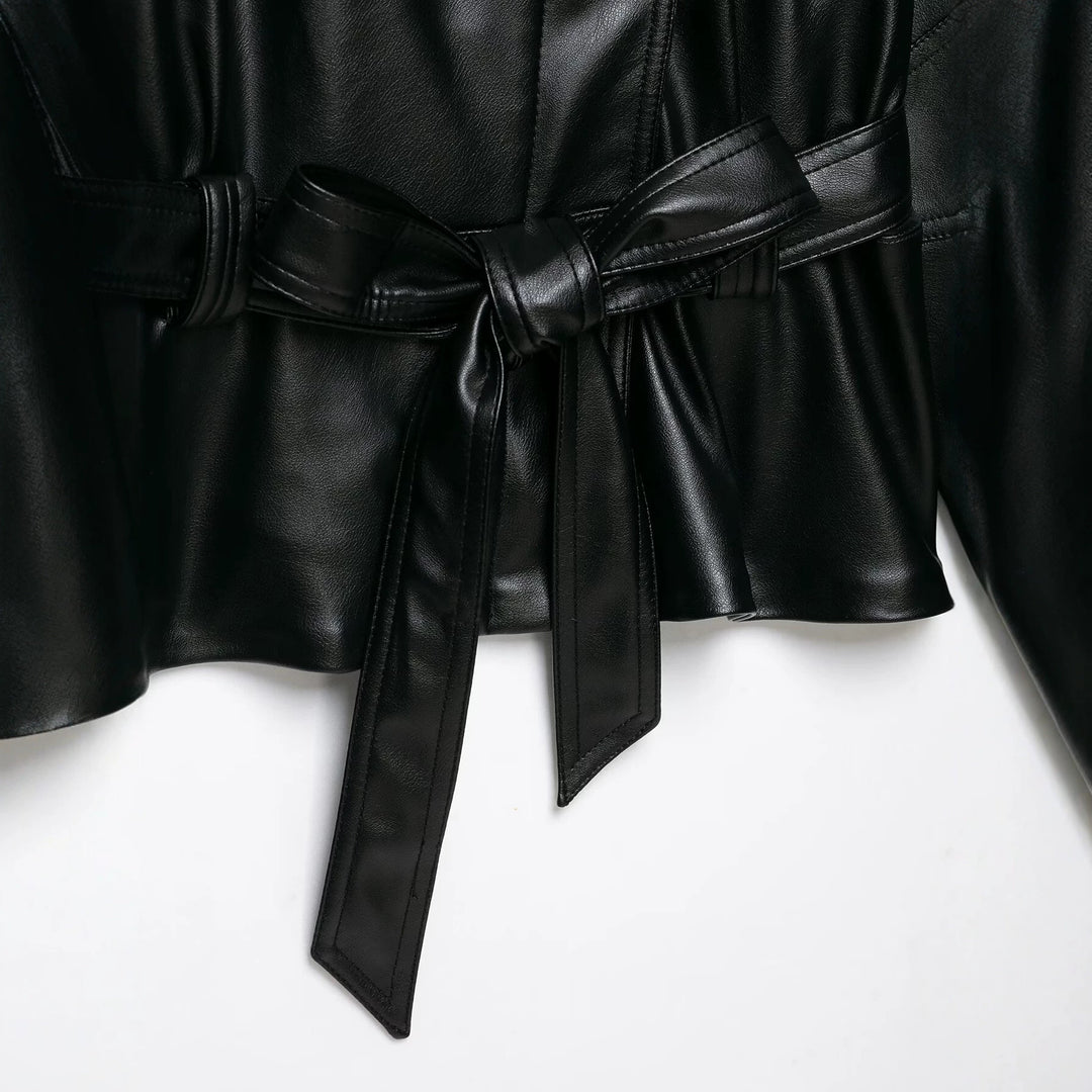 Damen Taillierter Kunstleder-Blazer mit Bindegürtel und Schalkragen Shop Nory