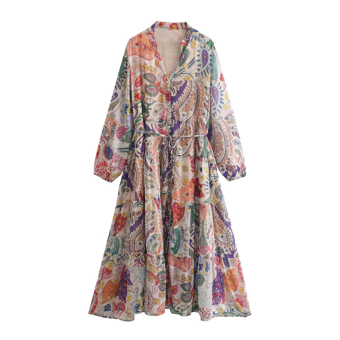 Damen Maxikleid mit Paisley‑Print, V‑Ausschnitt, Taillenband und Stufenrock Shop Nory