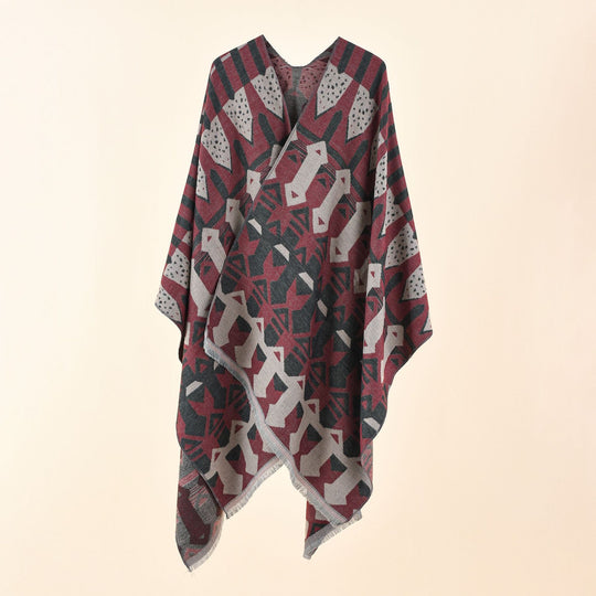 Damen Strick-Überwurfcape im Ruana-Stil mit grafischem Jacquard und Fransensaum Shop Nory