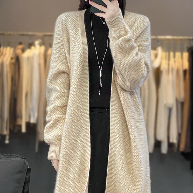 Damen Langer Offener Strickcardigan mit Samenmuster und gerippten Abschlüssen Shop Nory