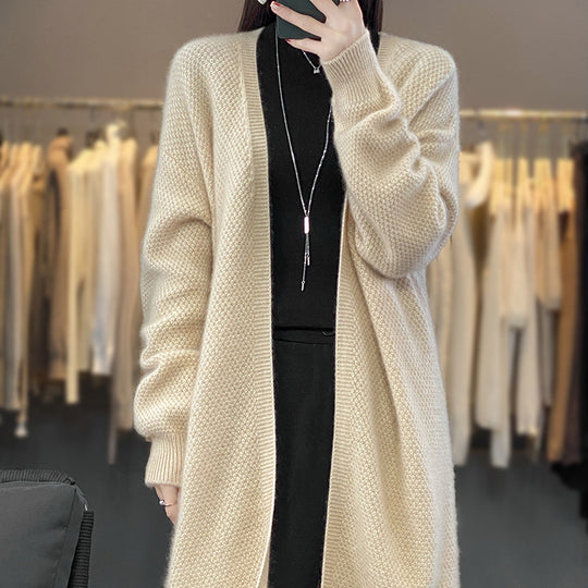 Damen Langer Offener Strickcardigan mit Samenmuster und gerippten Abschlüssen Shop Nory