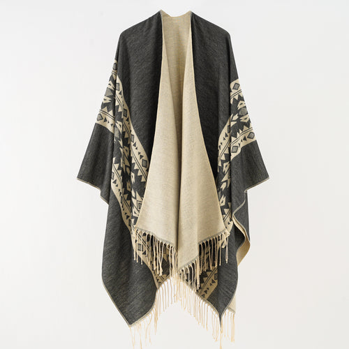 Damen Oversize-Poncho mit Fransen und Jacquardmuster Shop Nory