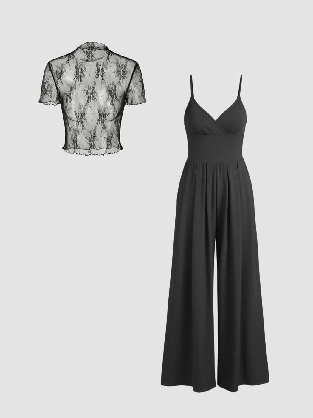 Damen elegantes V-Ausschnitt Jumpsuit mit transparenter Bluse
