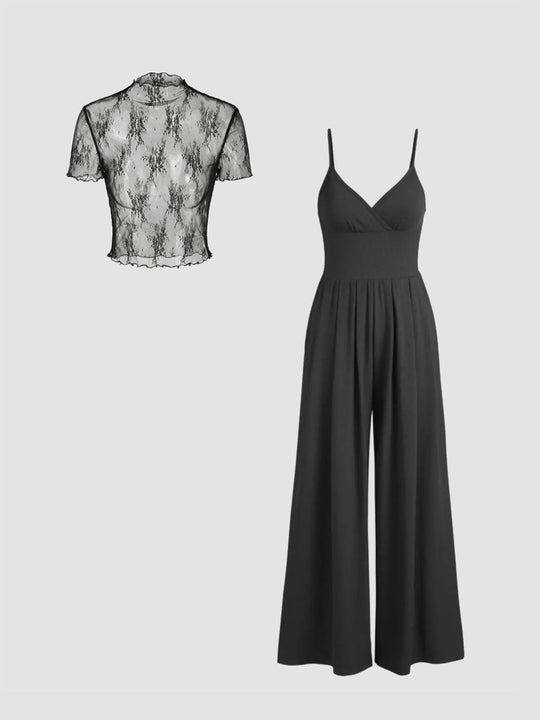 Damen elegantes V-Ausschnitt Jumpsuit mit transparenter Bluse