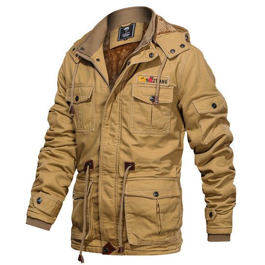 Herren Militärinspirierte Canvas-Fieldjacke mit Kapuze, Kordzug‑Taille und Fleece‑Innenfutter Shop Nory