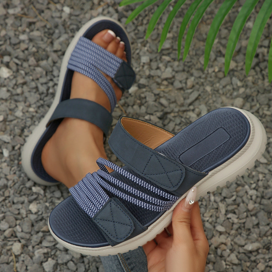 Damen Komfort-Pantolette mit verstellbaren Klettriemen, elastischen Zierbändern und stoßdämpfender Profilsohle Shop Nory