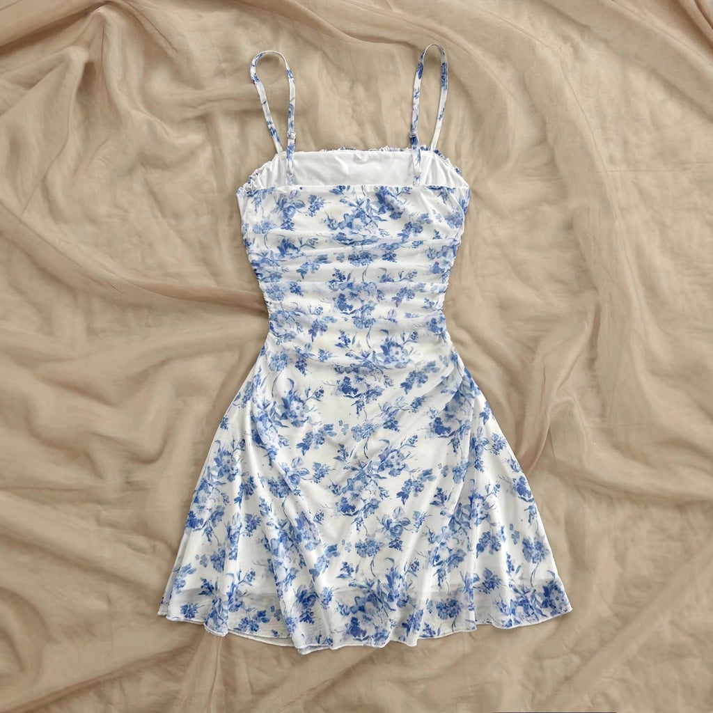Damen Sommerliches Blumenkleid mit Spaghetti-Trägern und Raffungen