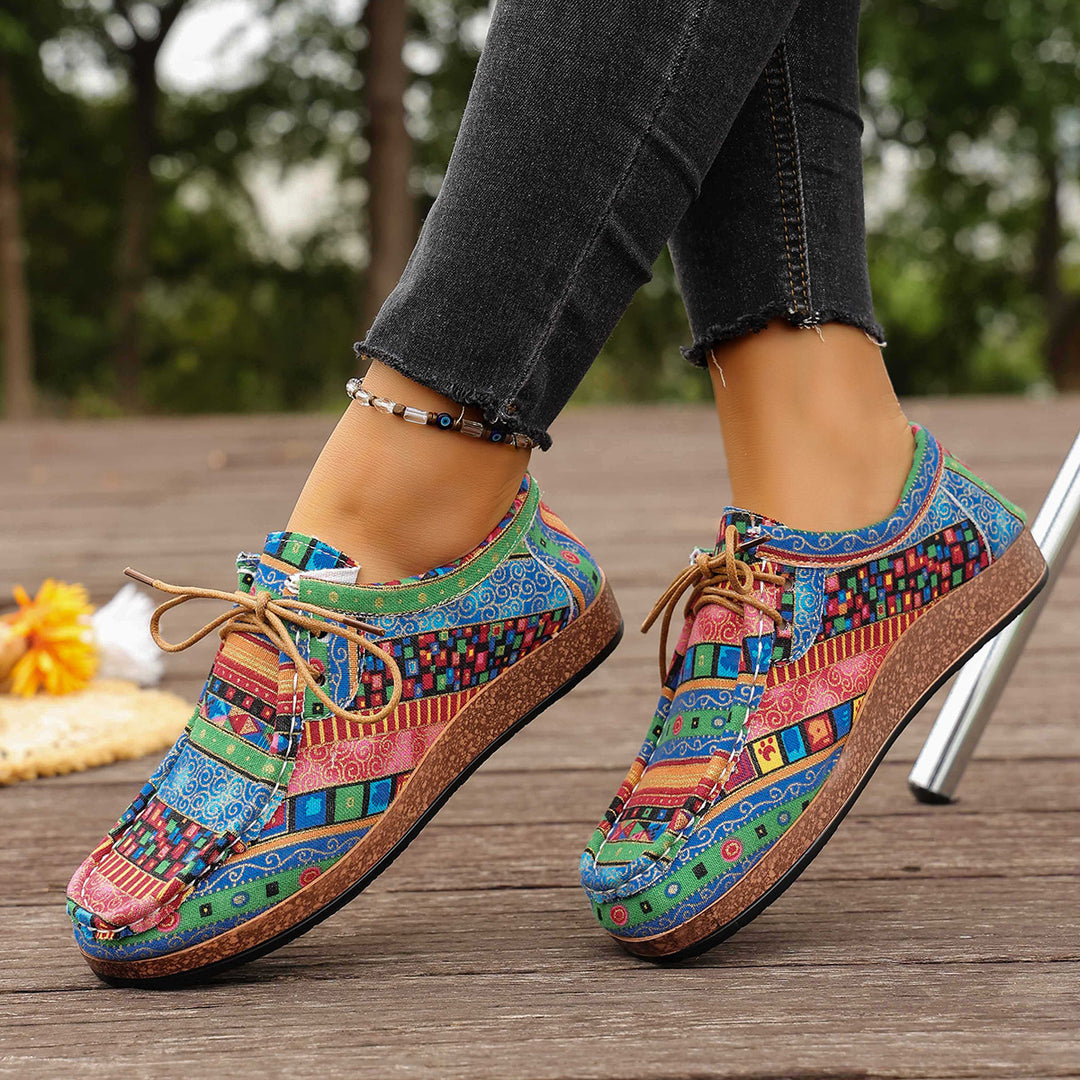 Damen bunte gemusterte Canvas-Schnürschuhe mit leichter Plateau-Sohle Shop Nory