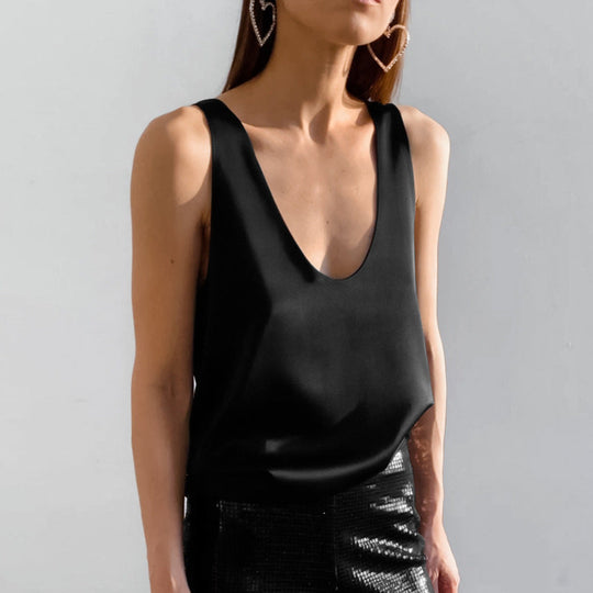 Frauen Satin U Hals T-Shirt Ärmelloses Top