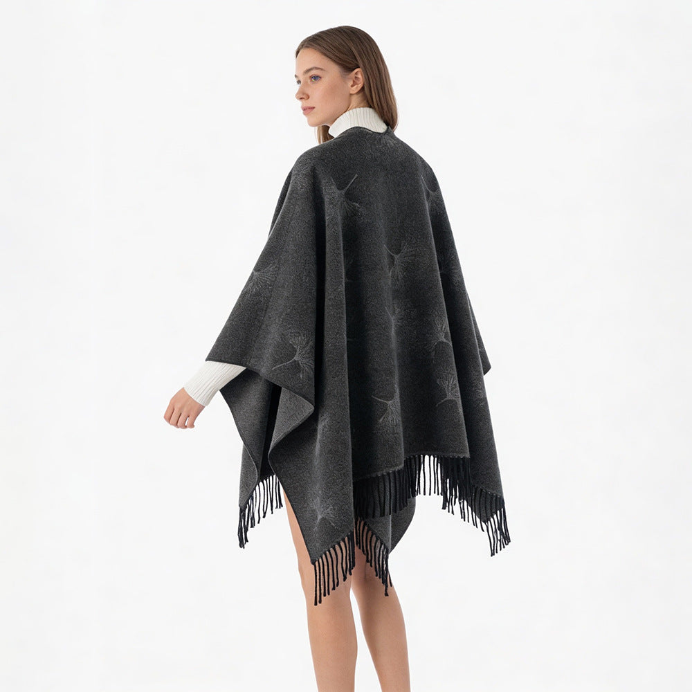 Damen Fransen-Capeponcho mit Pusteblumen-Jacquard und Oversize-Schnitt Shop Nory