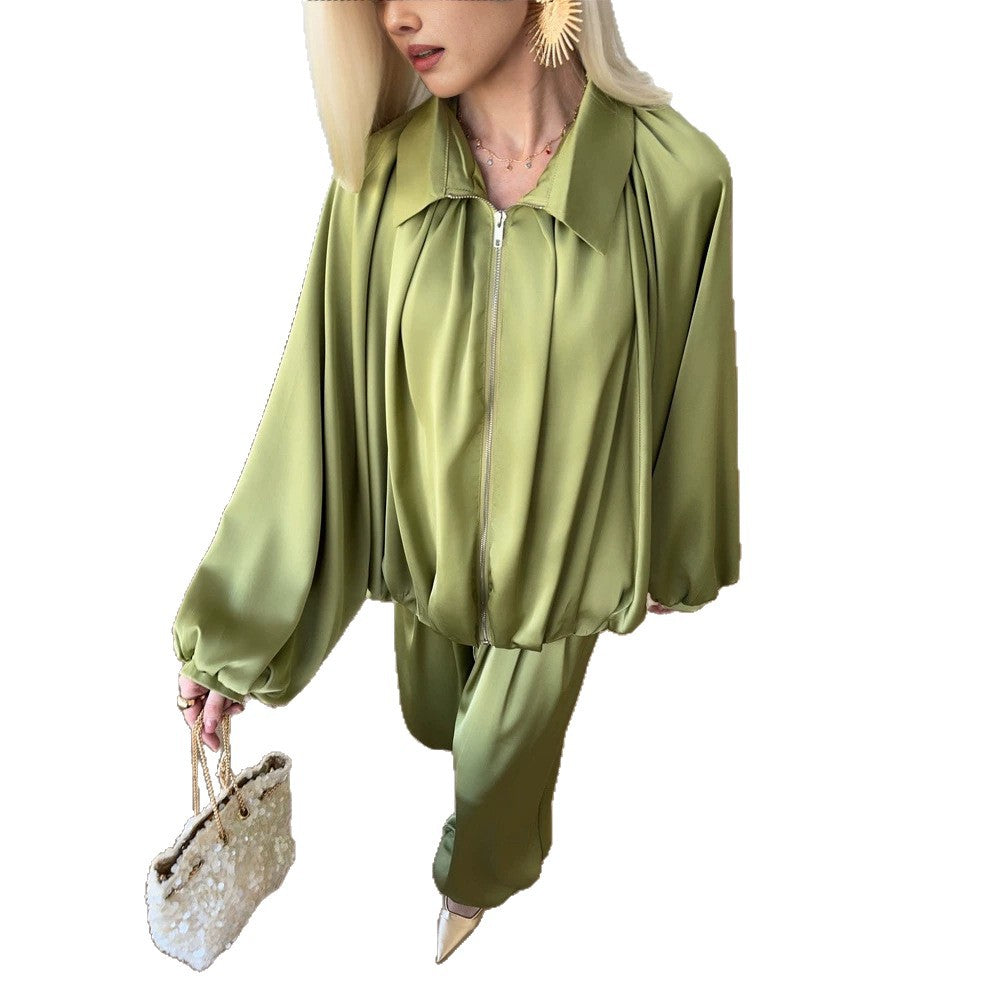 Damen Elegantes Satin-Zweiteiler-Set mit Oversize-Blouson und weiter Palazzo-Hose Shop Nory