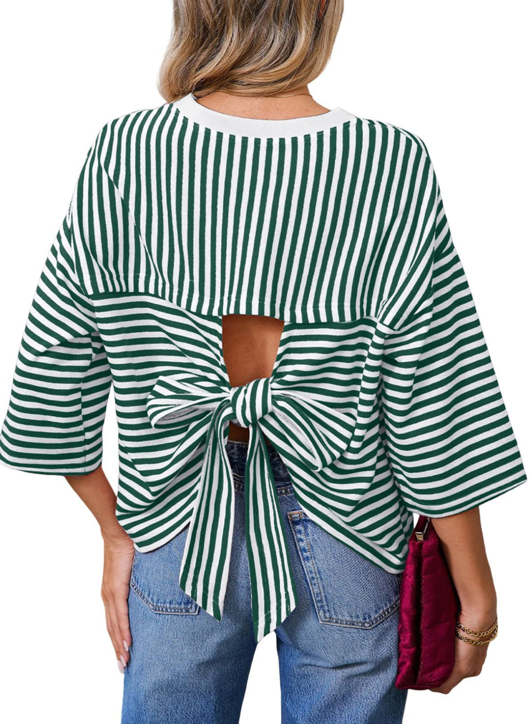 Damen Gestreiftes Oversize-Shirt mit Rückenausschnitt und Schleifenbindung Shop Nory