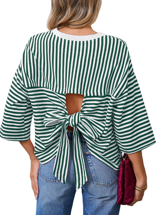 Damen Gestreiftes Oversize-Shirt mit Rückenausschnitt und Schleifenbindung Shop Nory