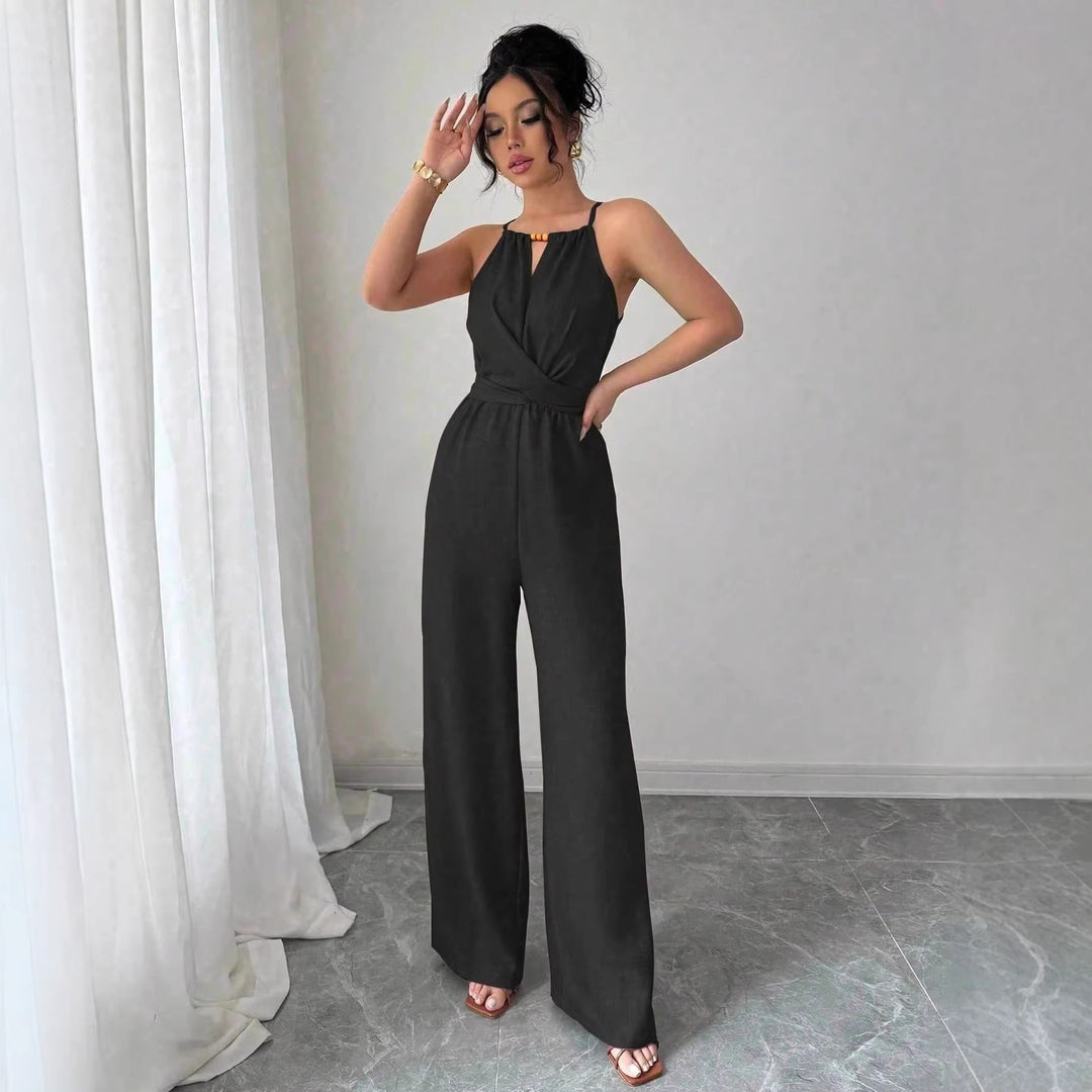 Damen Ärmelloser Neckholder-Jumpsuit mit Wickeloberteil und weitem Bein Shop Nory
