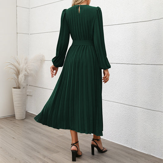 Damen Plissiertes Midikleid mit Taillengürtel, Puffärmeln und Rundhalsausschnitt Shop Nory