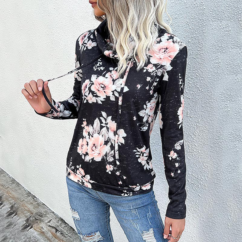 Damen Floraler Leichter Kapuzenpullover mit Wasserfallkragen und Tunnelzug Shop Nory