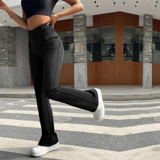 Damen hochgeschnittene Cargo-Hose mit frontnaht, ausgestelltem Bein und aufgesetzten Pattentaschen Shop Nory