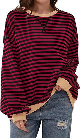 Damen Lässiges Oversize-Streifen-Sweatshirt mit Raglanärmeln und Kontrastbündchen Shop Nory