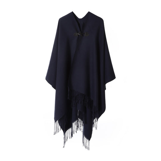 Damen Leichter Wasserfall‑Poncho mit Knebelverschluss, asymmetrischem Saum und Fransenkante Shop Nory