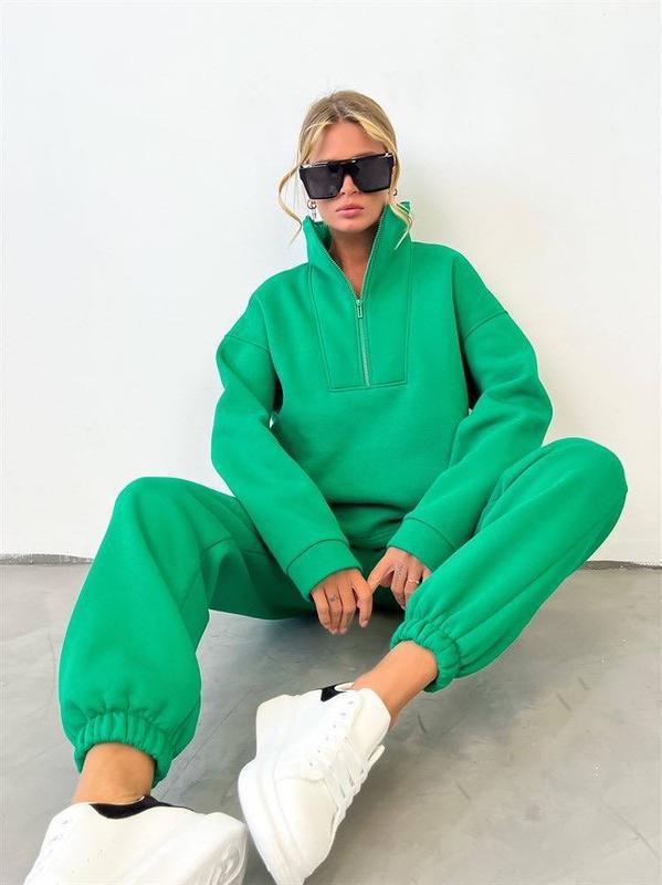 Damen lässiges Fleece-Set mit halbem Reißverschluss und weitem Schnitt