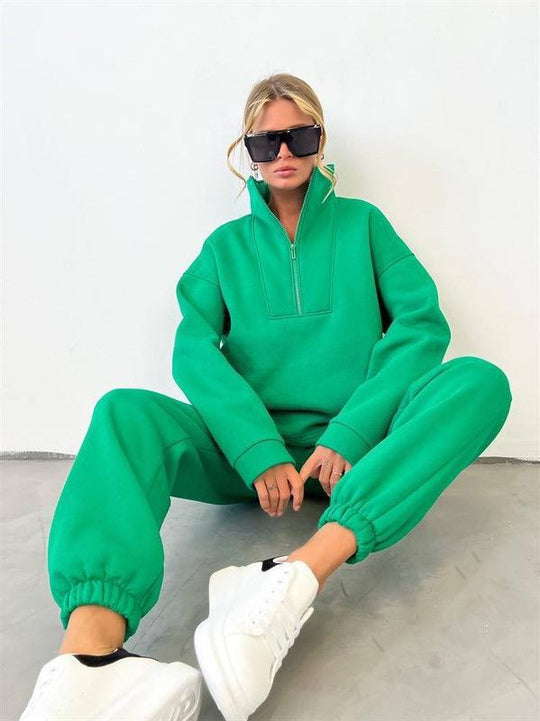 Damen lässiges Fleece-Set mit halbem Reißverschluss und weitem Schnitt