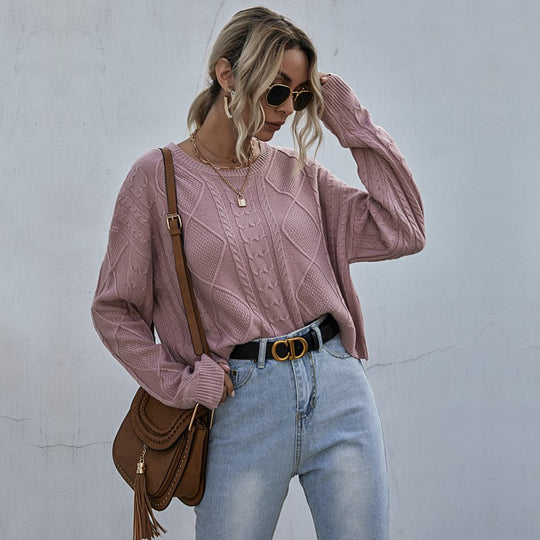 Damen Lässiger Oversize-Strickpullover mit geometrischem Zopfmuster und tiefen Ärmelabschlüssen Shop Nory