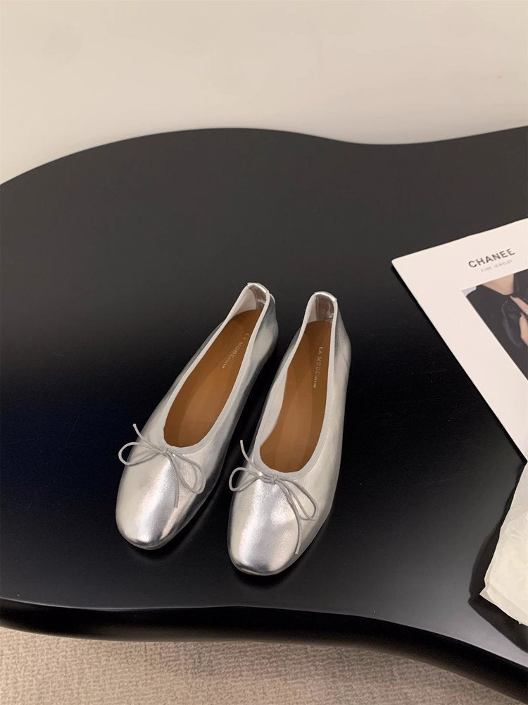 Damen elegante Ballerinas aus hochwertigem Kunstleder mit dekorativem Schleifenakzent
