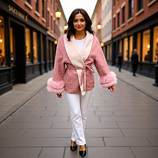 Damen Kurzmantel mit breitem Schalkragen, Bindegürtel und Fellmanschetten Shop Nory