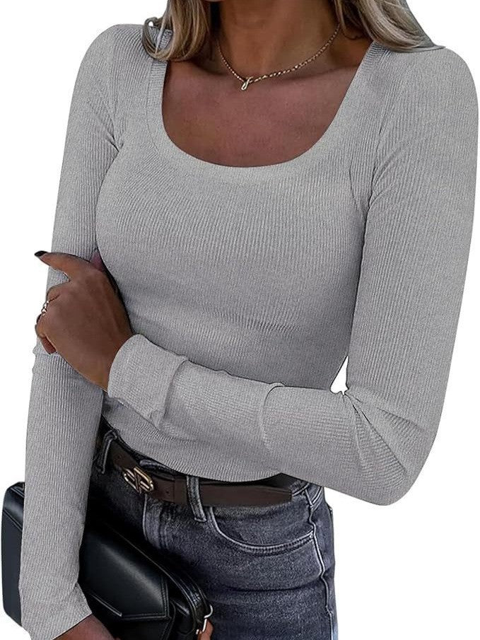 Damen Figurnahes geripptes Longsleeve mit weitem Quadratausschnitt und Stretch-Material Shop Nory