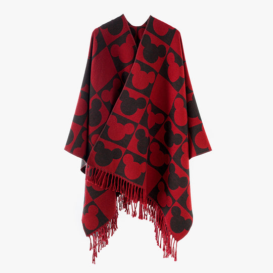 Damen Oversize-Jacquardponcho mit grafischem Kopf-Silhouettenmuster und Fransen Shop Nory