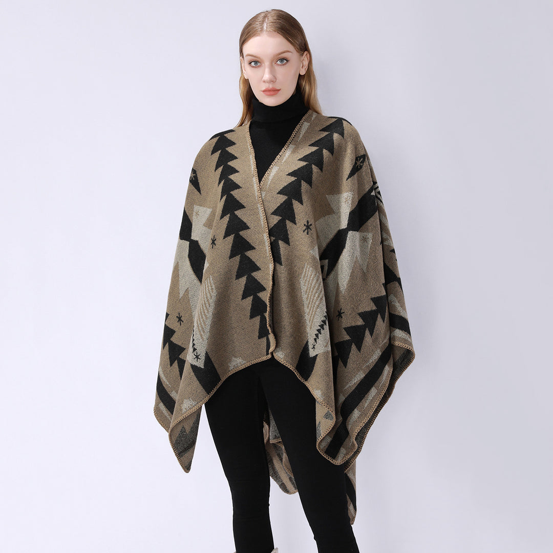 Damen Wollmix-Umhang mit grafischem Ethno‑Muster und Zierkettelnaht Shop Nory