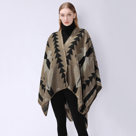 Damen Wollmix-Umhang mit grafischem Ethno‑Muster und Zierkettelnaht Shop Nory