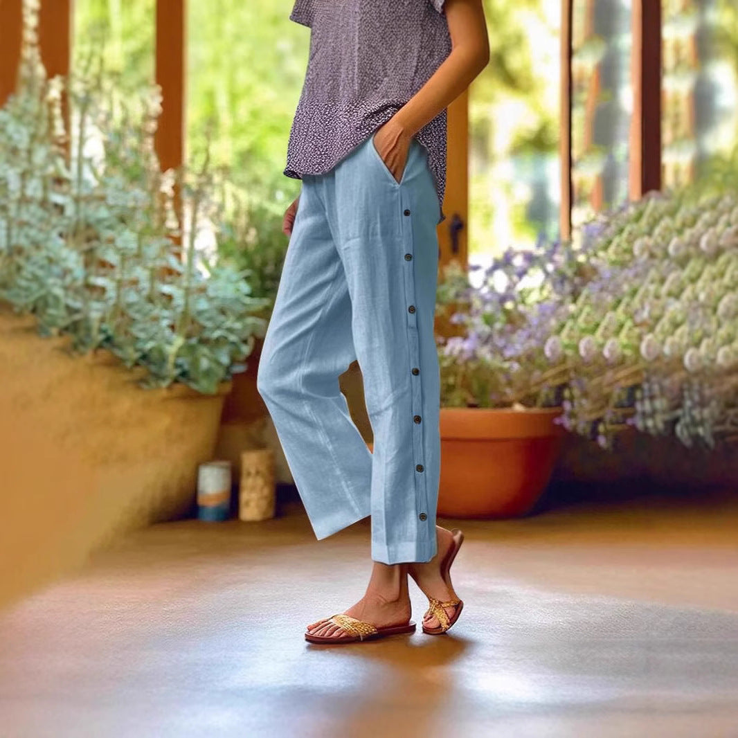 Damen Leichte Leinenmix-Hose mit seitlicher Knopfleiste und geradem Cropped-Schnitt Shop Nory