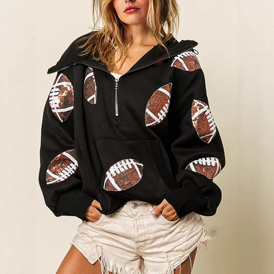Damen Oversized Kapuzenpullover mit halbem Reißverschluss und Pailletten‑Football-Applikation Shop Nory