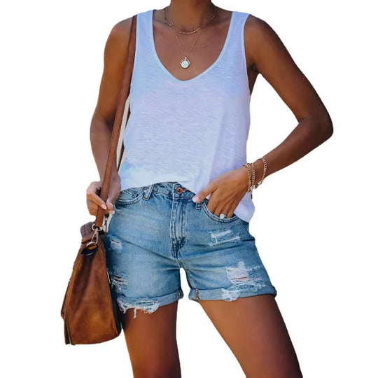 Damen Jeansshorts im lässigen Destroyed-Look mit umschlagenem Saum und hoher Taille