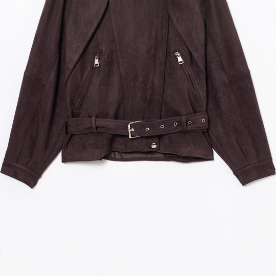 Damen Kurze Wildlederoptik-Trenchjacke mit Taillengürtel und Reißverschluss-Details Shop Nory