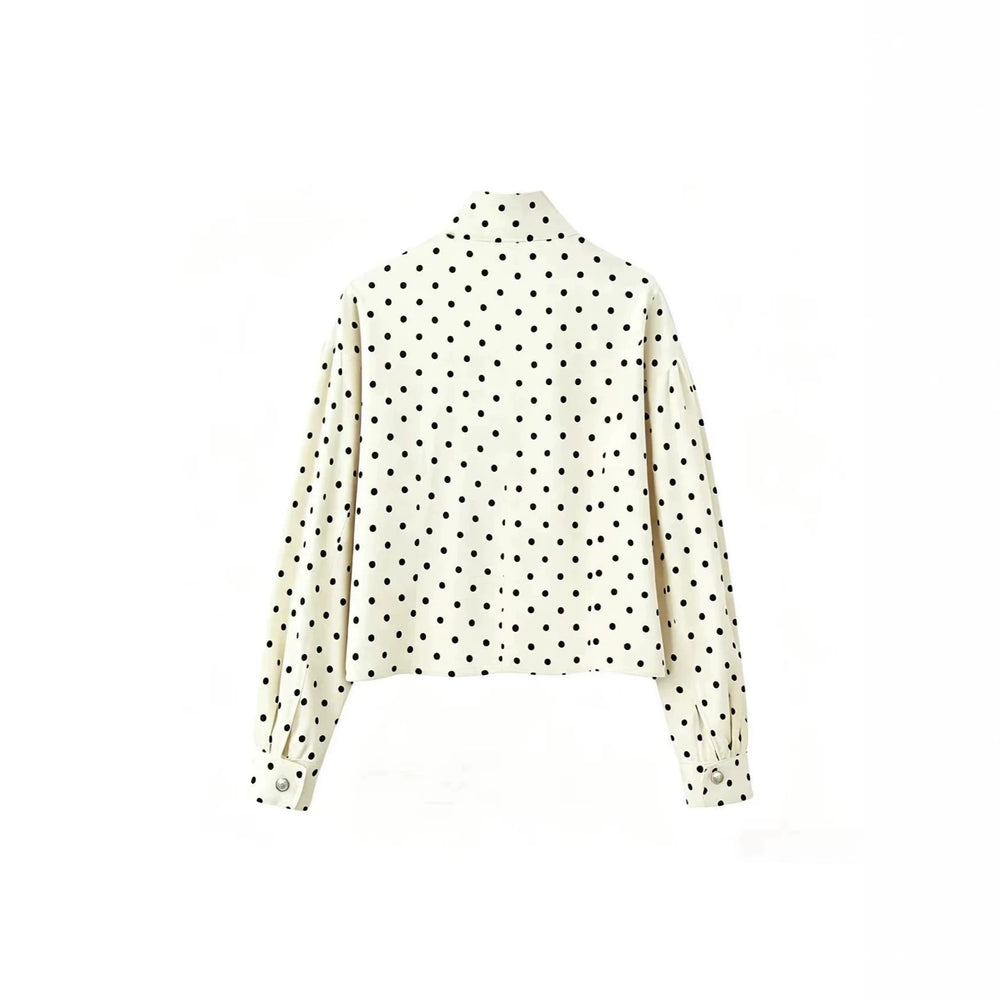 Damen Gepunktete Cropped-Jacke mit Stehkragen, Ballonärmeln und Druckknöpfen Shop Nory