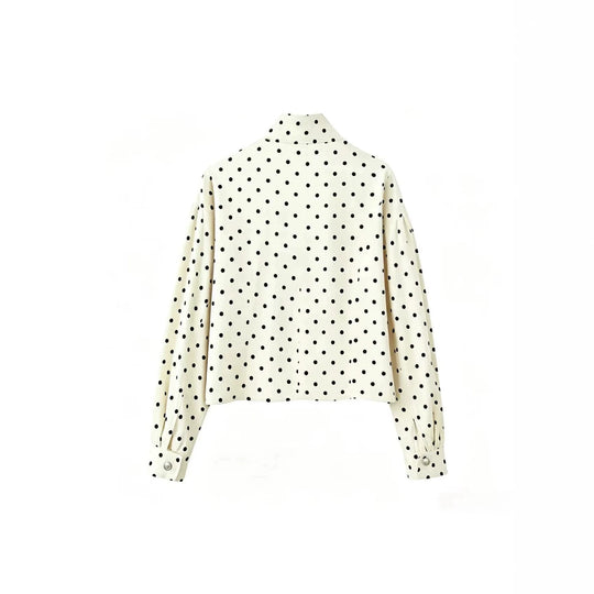 Damen Gepunktete Cropped-Jacke mit Stehkragen, Ballonärmeln und Druckknöpfen Shop Nory