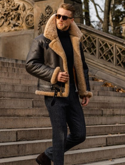 Herren Lammfelljacke mit Taschen und robustem Material