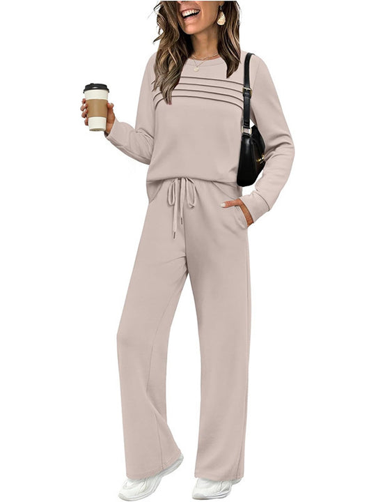 Damen Zweiteiliges Lounge-Set mit Plissee-Detail, Rundhals-Sweatshirt und weitem Kordel-Hose Shop Nory