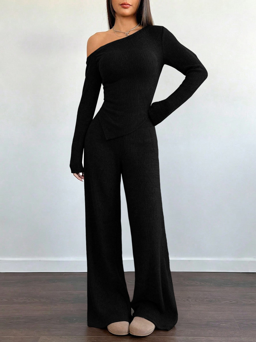 Damen Asymmetrisches Strick-Lounge-Set mit One-Shoulder-Oberteil und weitem Bein Shop Nory