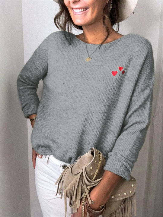 Damen Leichter Feinstrickpullover mit U-Boot-Ausschnitt, lockerem Sitz und Herzstickerei Shop Nory