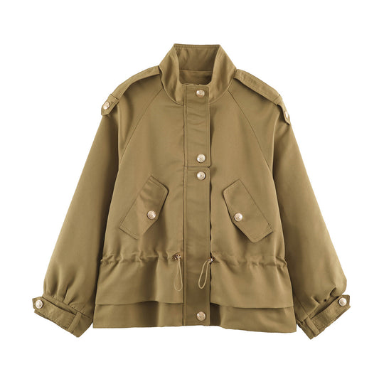 Damen Taillierbare Utility-Jacke mit Stehkragen, Schulterklappen und Pattentaschen Shop Nory