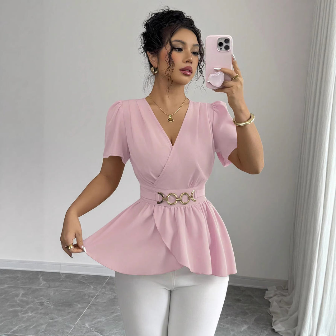 Damen Wickelbluse mit Taillen-Gürtel und asymmetrischem Volant Shop Nory