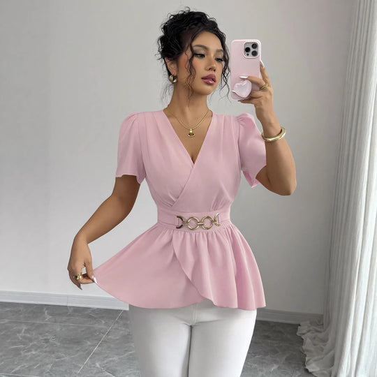Damen Wickelbluse mit Taillen-Gürtel und asymmetrischem Volant Shop Nory