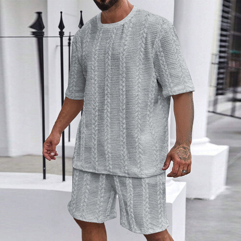 Herren nan entspanntes Zopfstrick-Freizeitset mit weitem Kurzarmshirt und elastischer Bermuda