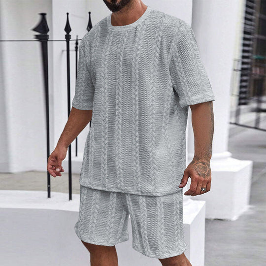 Herren nan entspanntes Zopfstrick-Freizeitset mit weitem Kurzarmshirt und elastischer Bermuda