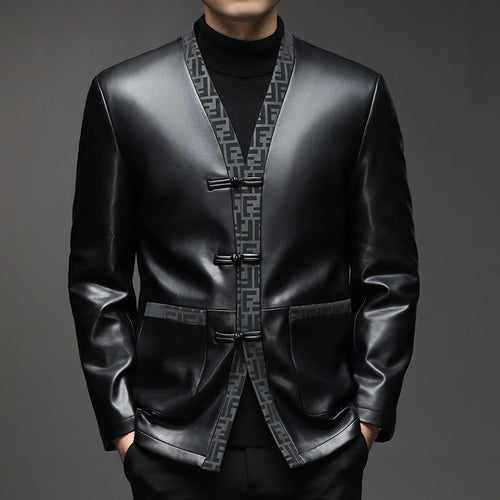 Herren Kunstleder-Sakko im Kimono-Stil mit Jacquardblende und Kordelverschlüssen Shop Nory