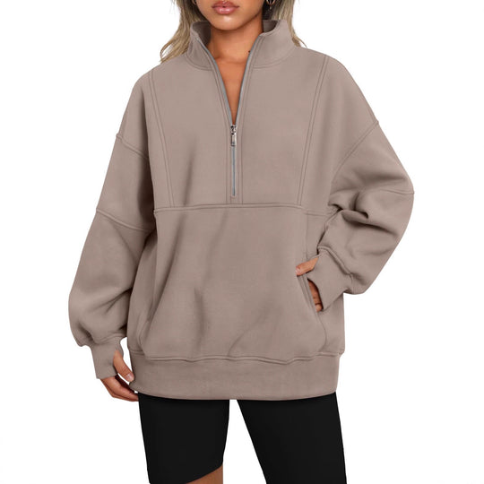 Damen Oversize-Sweatshirt mit halbem Reißverschluss, Stehkragen und Kängurutasche Shop Nory